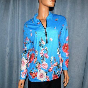 Pretty Bright Blue Half Zip Long Sleeve Floral Blouse XL